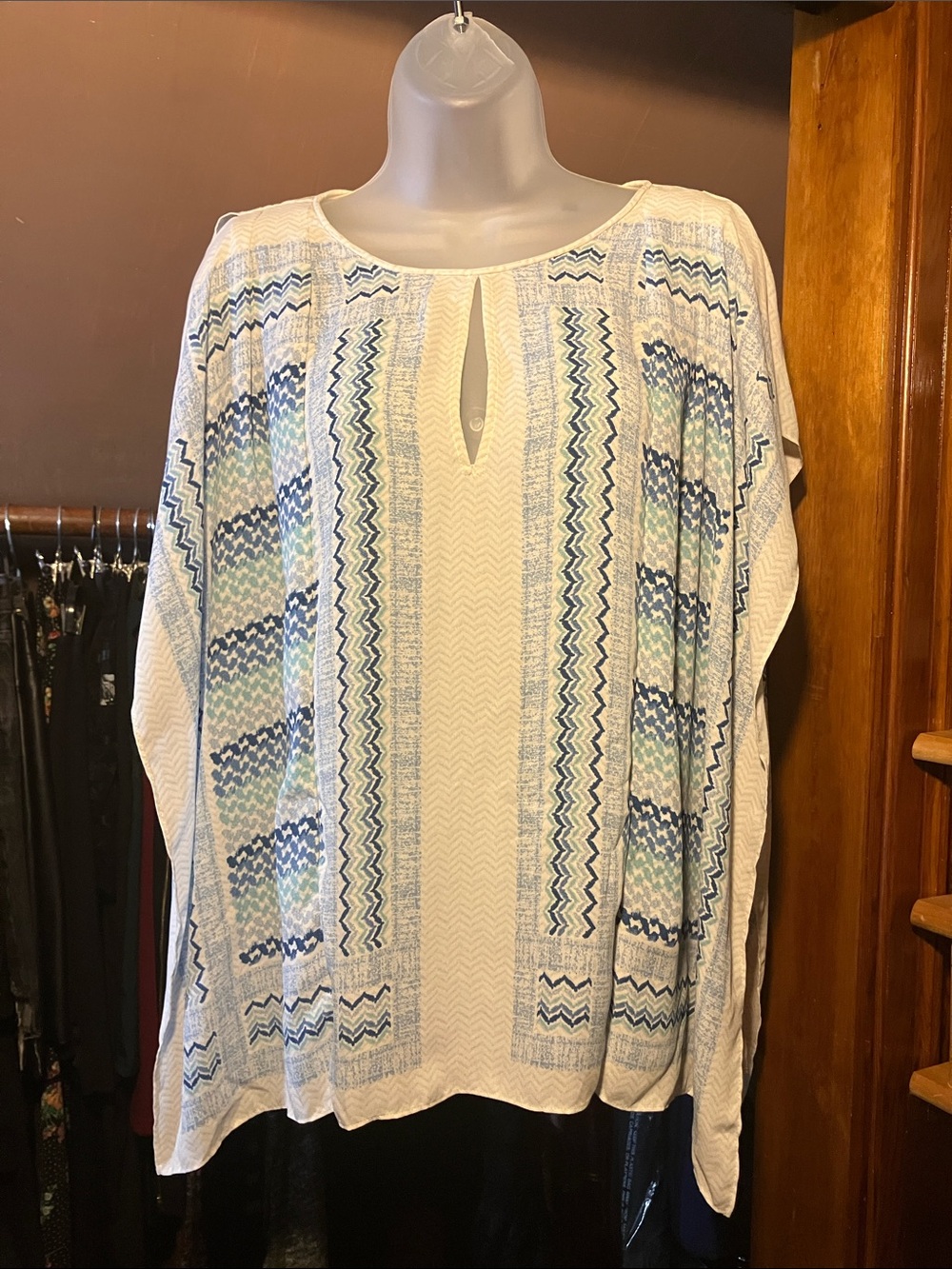BCBGMaxAzria White Tunic with Blue Patterned Panels